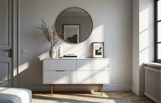 Biała komoda scandi glamour z czterema szufladami na złotych nóżkach