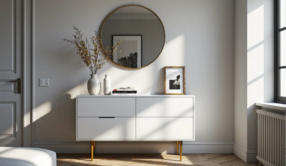 Biała komoda scandi glamour z czterema szufladami na złotych nóżkach