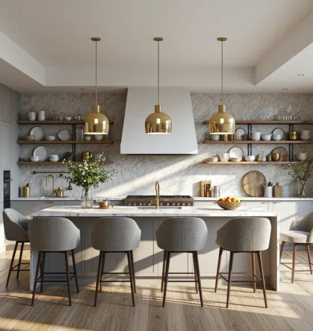 Kuchnia glamour szara z wyspą marmurową i złotymi dodatkami