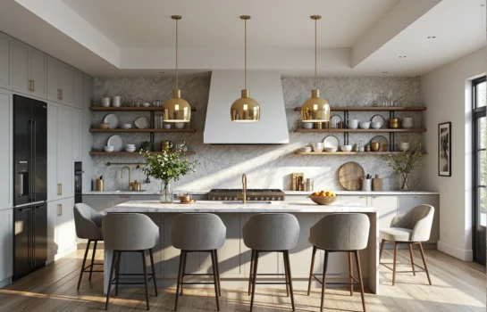 Kuchnia glamour szara z wyspą marmurową i złotymi dodatkami