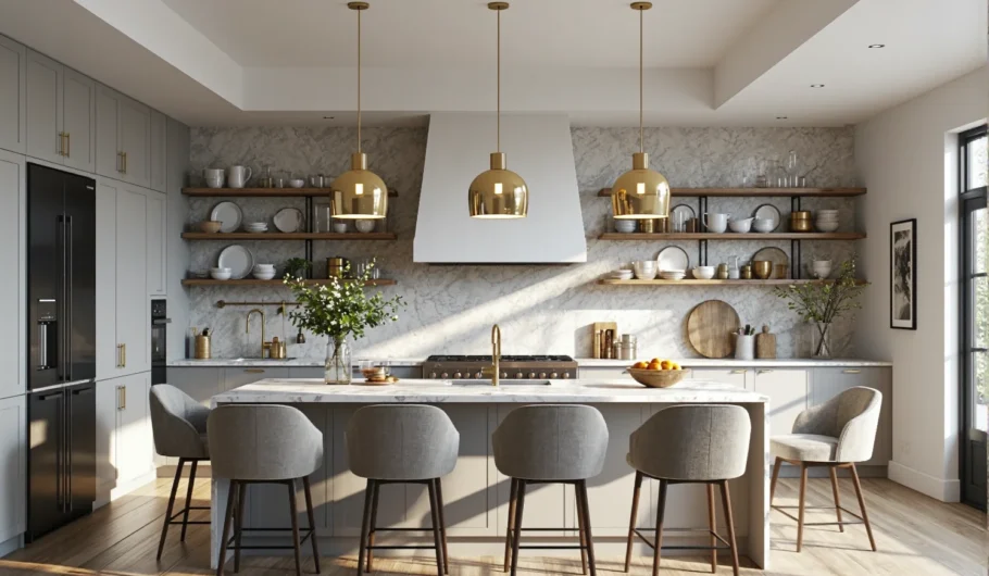 Kuchnia glamour szara z wyspą marmurową i złotymi dodatkami