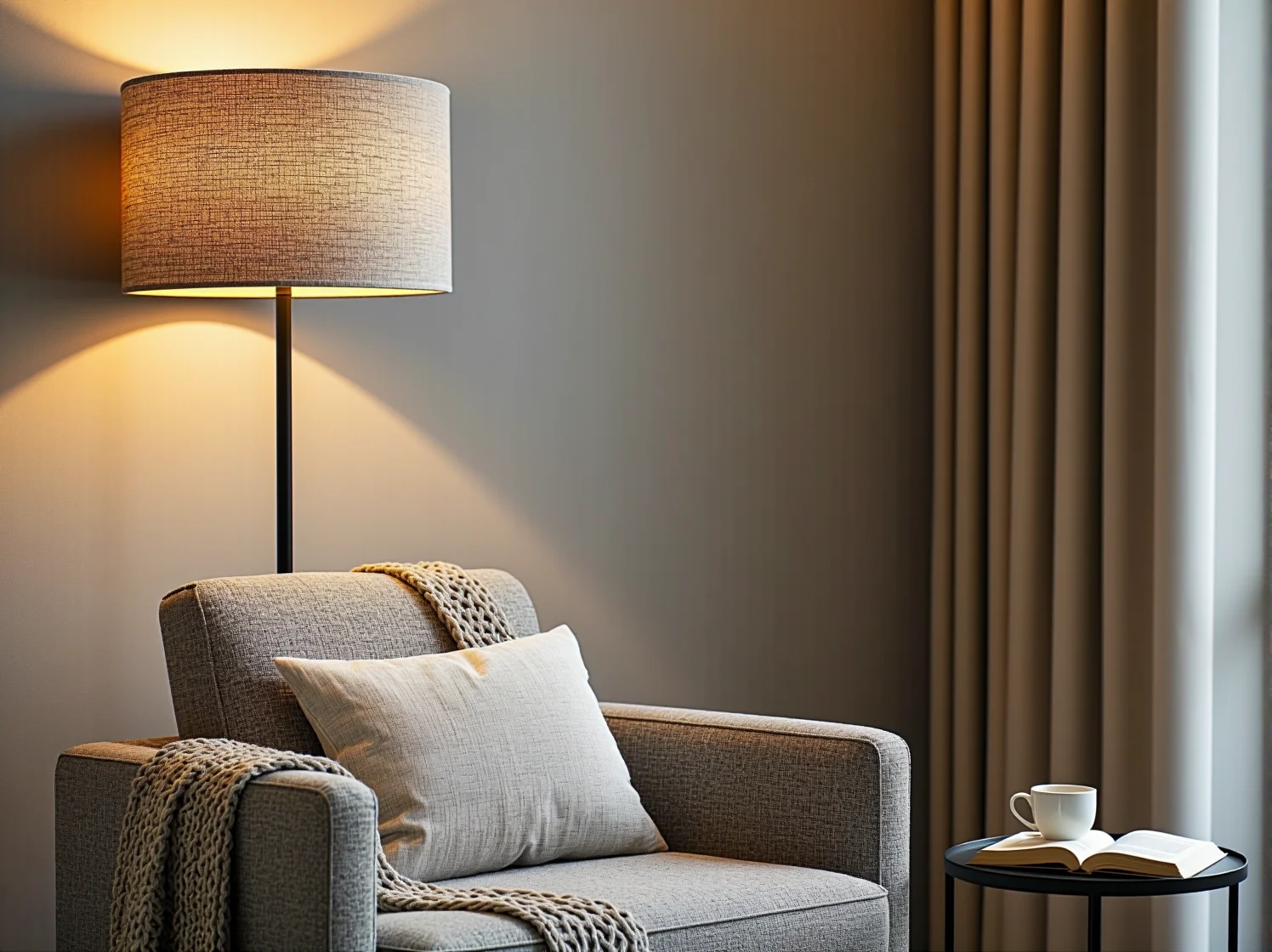 Klasyczna lampa podłogowa z abażurem przy wygodnym fotelu w kąciku do czytania.