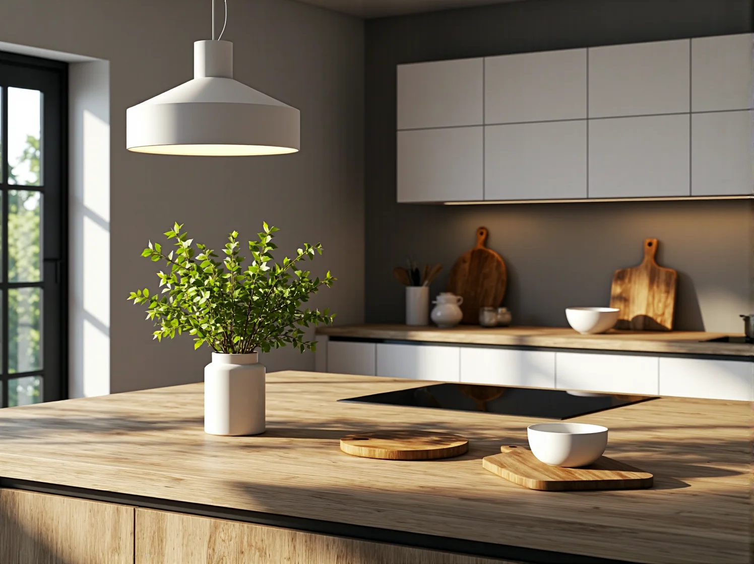 Pleciona lampa z rattanu nad drewnianym stołem w kuchni scandi.