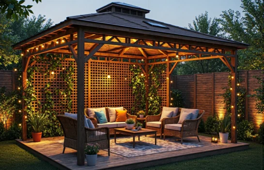 Drewniana altana ogrodowa z lampkami solarnymi retro