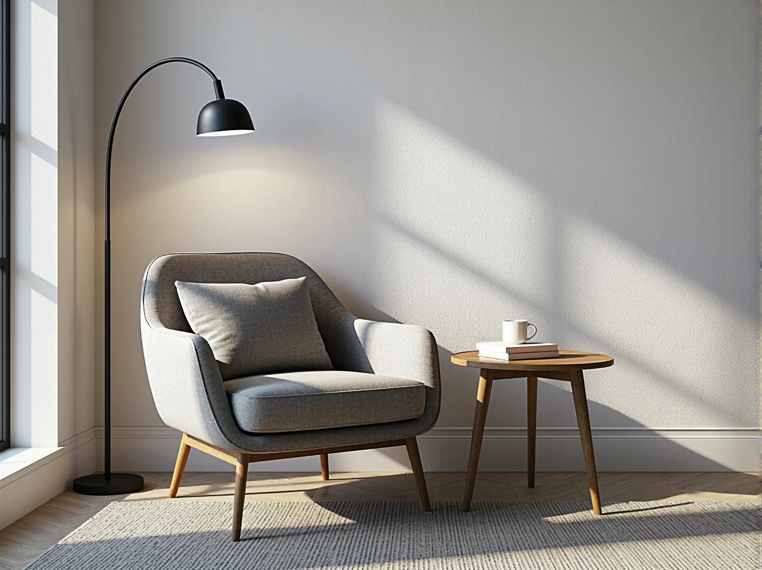 Designerska lampa stojąca przy drewnianym regale w jasnym wnętrzu skandynawskim.