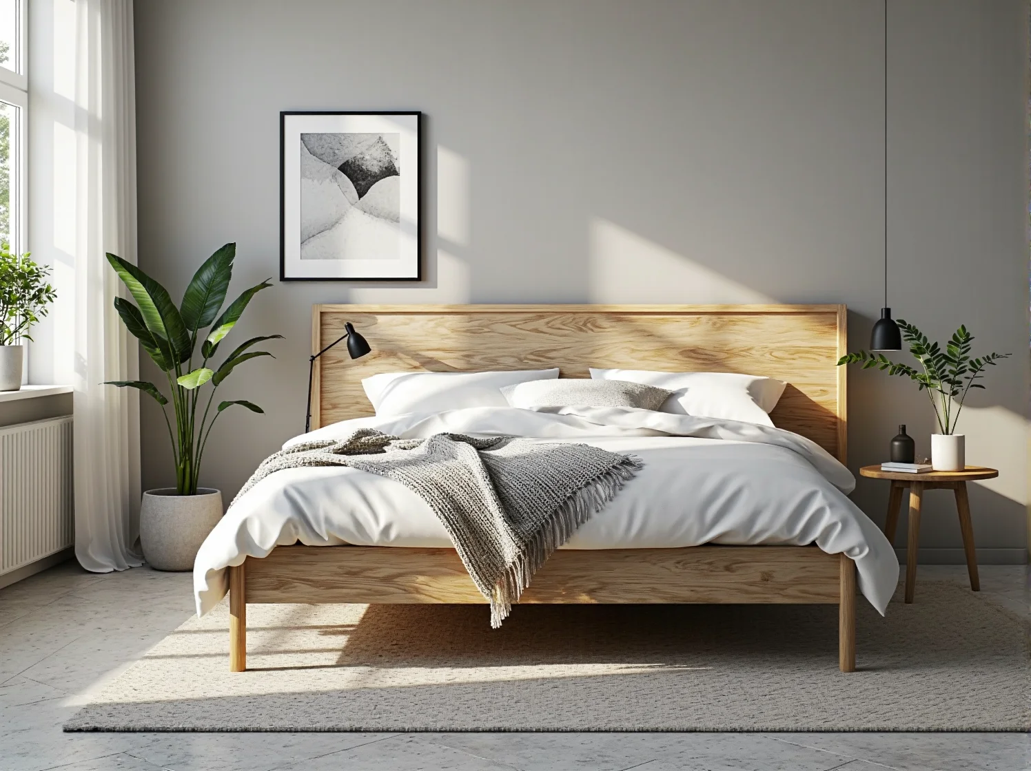 Nastrojowa lampka nocna na dębowym stoliku w przytulnej sypialni skandynawskiej.