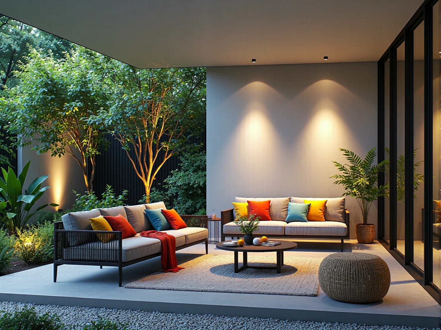 Nowoczesne lampy LED podkreślające liście palm w tropikalnym ogrodzie przydomowym.