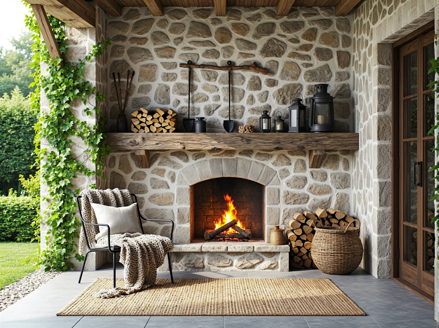 Oświetlenie punktowe schodów tarasowych w stylu rustykalnym wykonanych z drewna