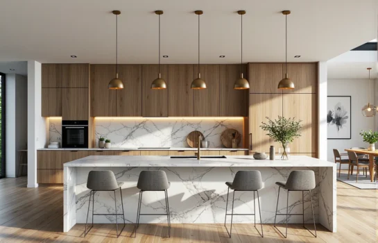 Złote lampy wiszące kopułkowe nad wyspą kuchenną z marmuru