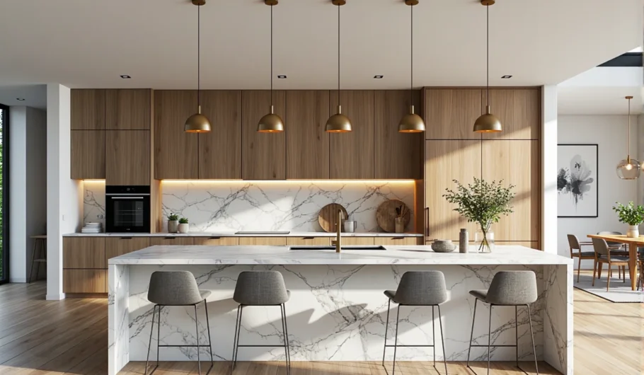 Złote lampy wiszące kopułkowe nad wyspą kuchenną z marmuru
