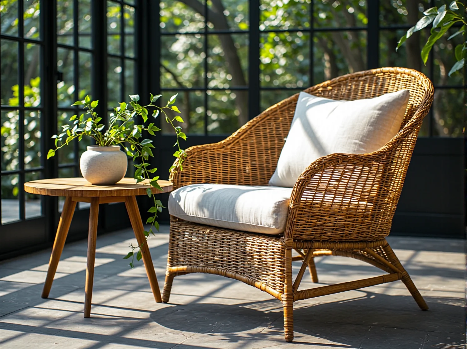 Wiszące lampy LED o ciepłej barwie światła w przeszklonej oranżerii