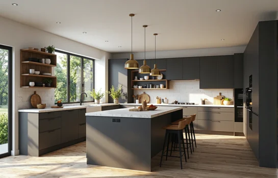 Trzy mosiężne lampy wiszące nad wyspą kuchenną w stylu industrialnym