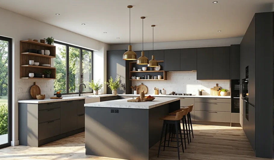 Trzy mosiężne lampy wiszące nad wyspą kuchenną w stylu industrialnym