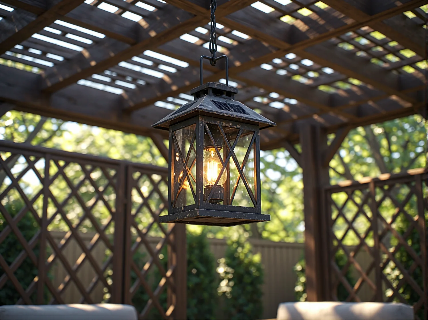 Wisząca latarnia solarna w stylu vintage z metalowym wykończeniem przy altanie.