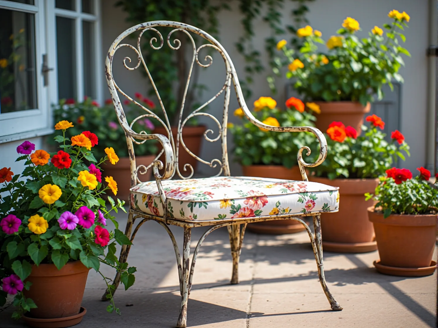 Retro biała ławka metalowa w romantycznym ogrodzie vintage