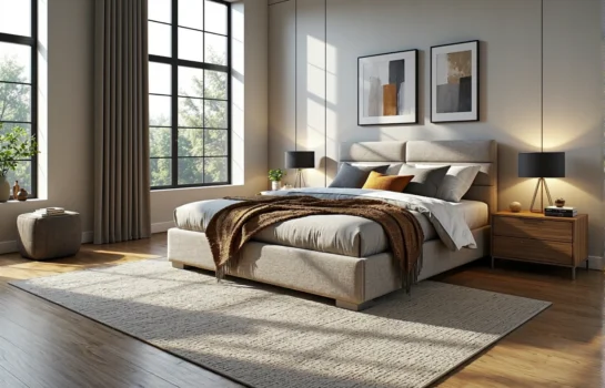 Łóżko kontynentalne beżowe tapicerowane z wysokim zagłówkiem