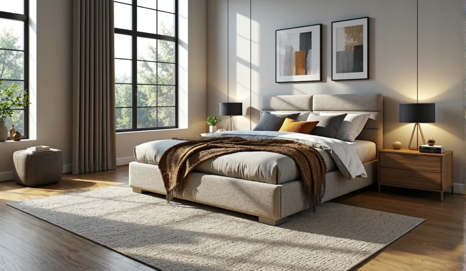 Łóżko kontynentalne beżowe tapicerowane z wysokim zagłówkiem