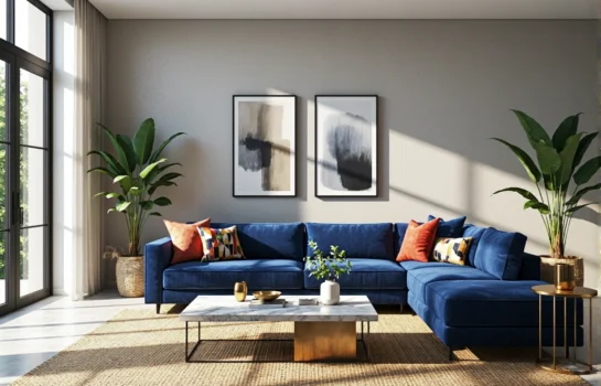 Narożnik modułowy granatowy z weluru z kolorowymi poduszkami