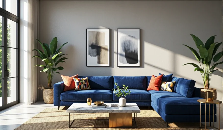 Narożnik modułowy granatowy z weluru z kolorowymi poduszkami