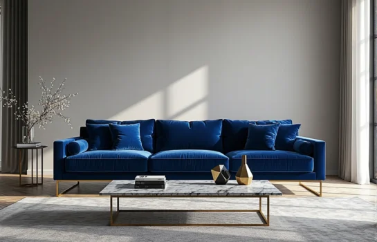 Elegancka sofa welurowa granatowa na złotych metalowych nóżkach