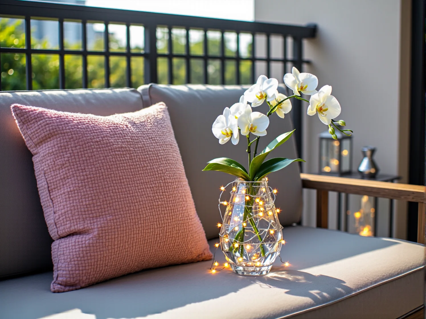 Zbliżenie na pastelowe oświetlenie LED na balustradzie balkonu, które nadaje przestrzeni luksusowego i magicznego charakteru...