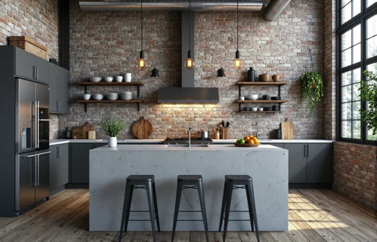 Meble kuchenne grafitowe w stylu industrialnym z wyspą