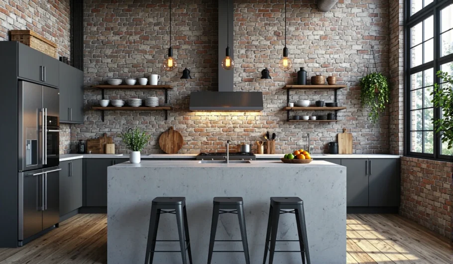 Meble kuchenne grafitowe w stylu industrialnym z wyspą