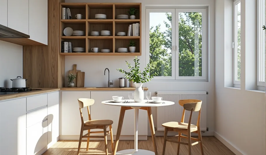 Mały okrągły stół kuchenny biały z drewnianymi nogami