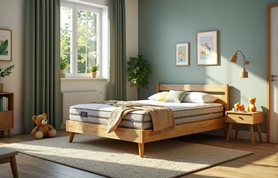 Hybrydowy materac dziecięcy szaro-biały na drewnianym łóżku