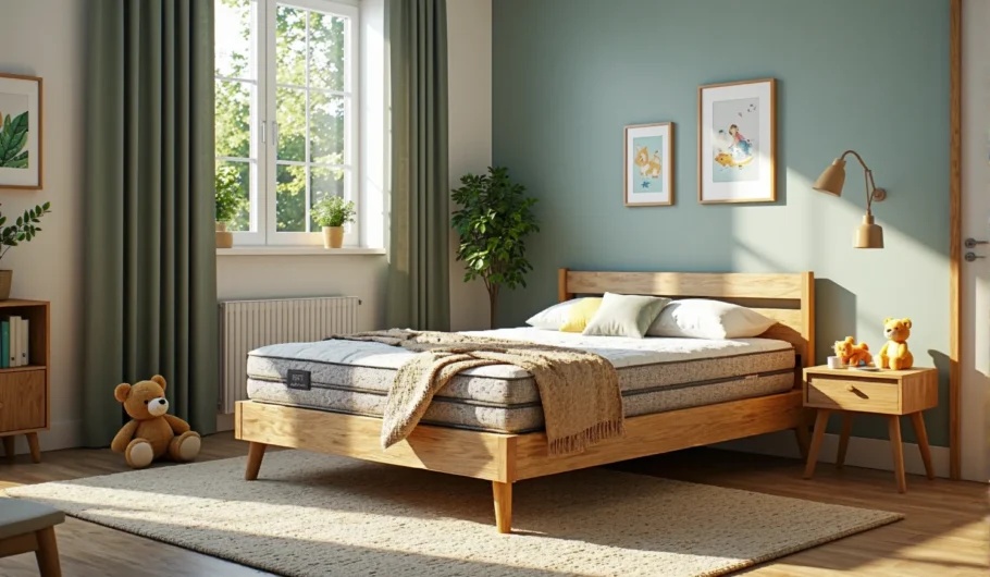 Hybrydowy materac dziecięcy szaro-biały na drewnianym łóżku