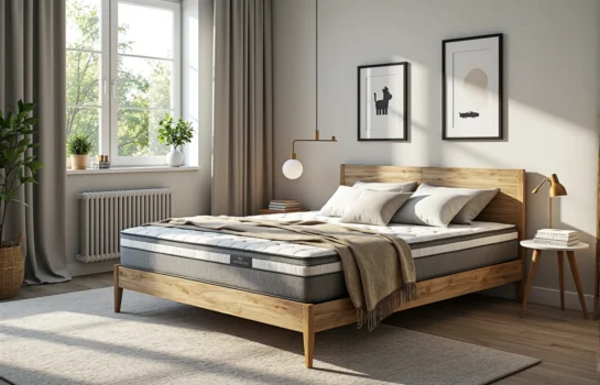 Materac hybrydowy biało-szary z pikowaną powierzchnią i wzmocnionymi bokami