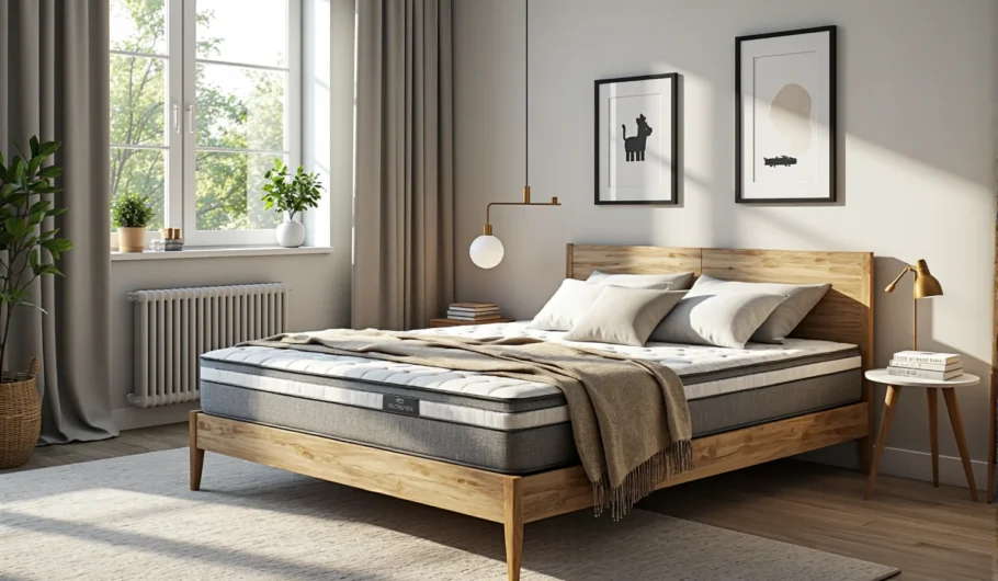 Materac hybrydowy biało-szary z pikowaną powierzchnią i wzmocnionymi bokami