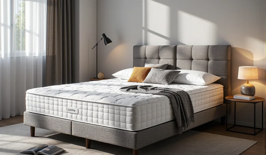Materac termoelastyczny biały pikowany na łóżku tapicerowanym szarym