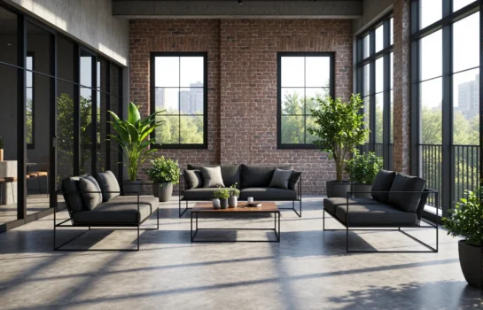 Zestaw mebli wypoczynkowych loftowych z metalową ramą i szarą tapicerką