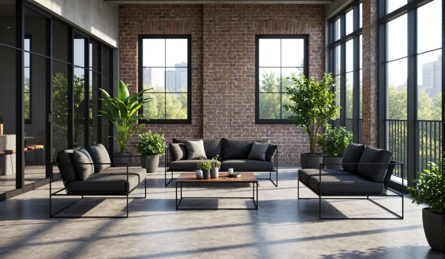 Zestaw mebli wypoczynkowych loftowych z metalową ramą i szarą tapicerką