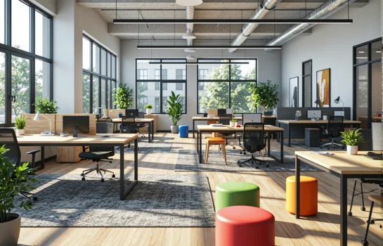 Biurka coworkingowe dąb z czarnymi nogami i kolorowymi pufami