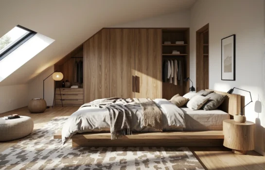 Szafa garderobiana dąb craft dopasowana do skosu poddasza z półkami