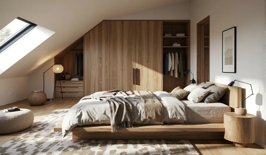 Szafa garderobiana dąb craft dopasowana do skosu poddasza z półkami