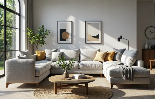 Narożnik wypoczynkowy jasnoszary z drewnianymi nogami i poduszkami