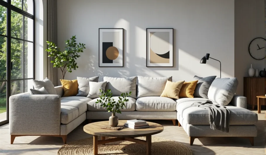 Narożnik wypoczynkowy jasnoszary z drewnianymi nogami i poduszkami