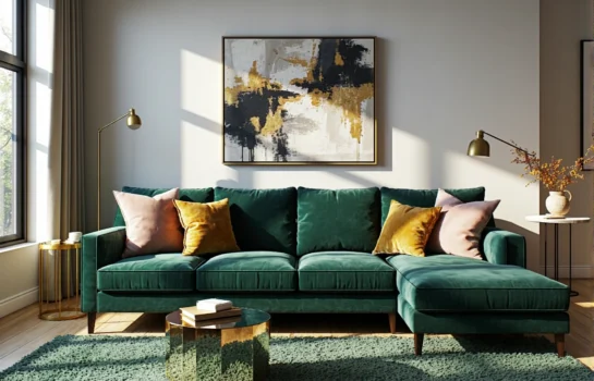 Elegancka sofa narożna butelkowa zieleń z aksamitną tapicerką