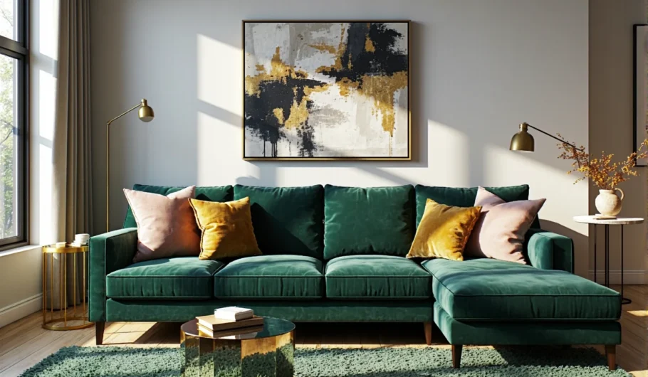 Elegancka sofa narożna butelkowa zieleń z aksamitną tapicerką