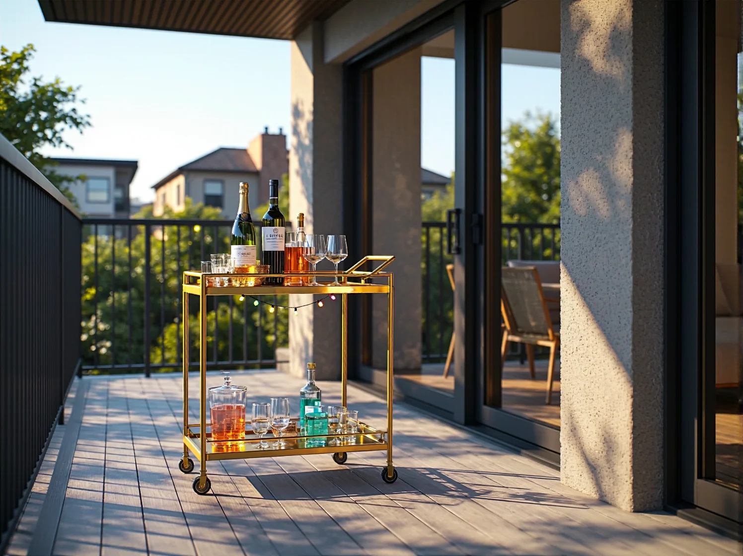 Stylowe meble balkonowe, miękkie poduszki i złote dodatki w aranżacji glamour, podkreślające elegancki wystrój luksusowej oaz...