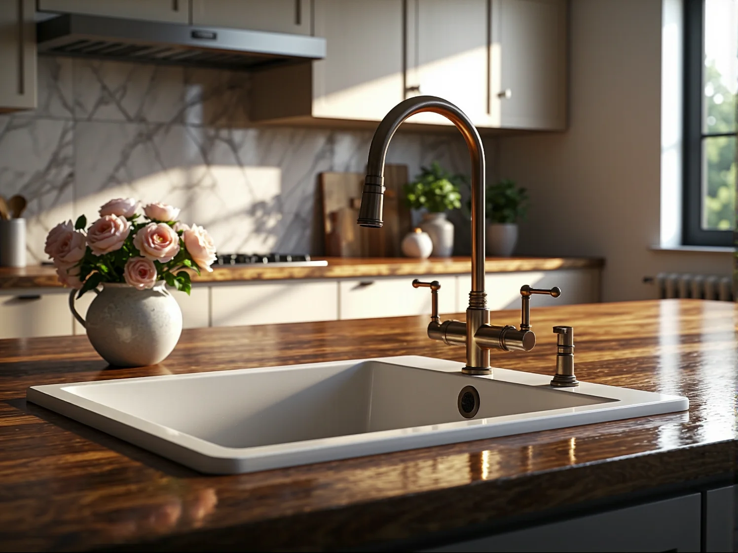 Luksusowe białe meble kuchenne ze złotymi uchwytami w aranżacji glamour.