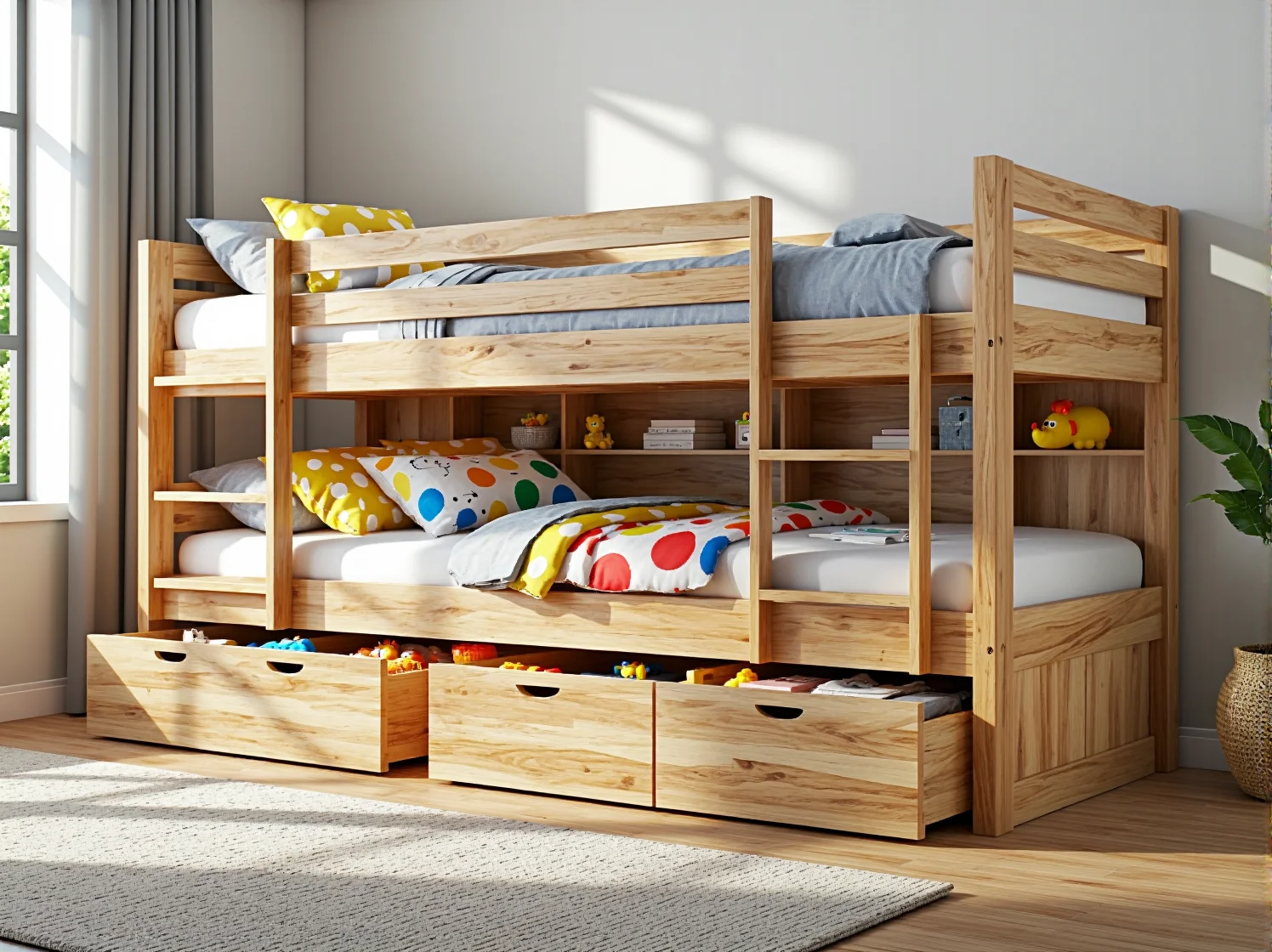 Kreatywna aranżacja pokoju dziecięcego z wykorzystaniem bezpiecznych i trwałych modułowych systemów meblowych.