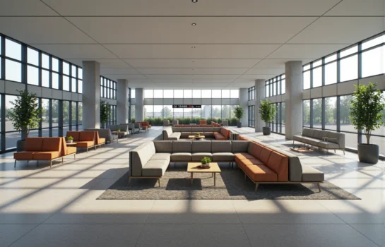 Modułowe sofy do przestrzeni publicznych szare i ceglaste z drewnianymi stolikami