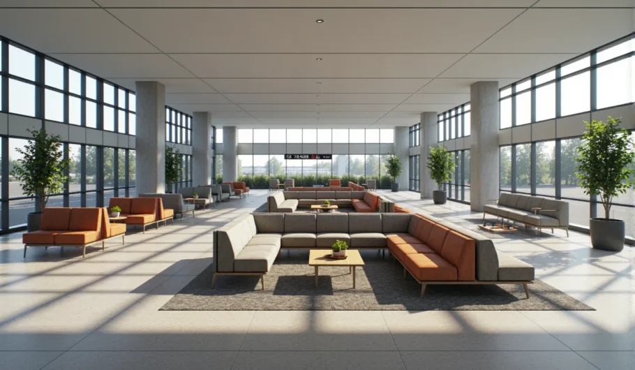 Modułowe sofy do przestrzeni publicznych szare i ceglaste z drewnianymi stolikami