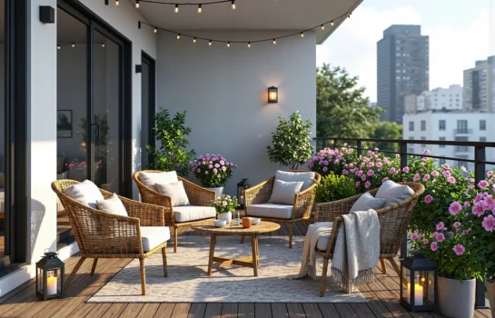 Rattanowy zestaw mebli balkonowych z fotelami i stolikiem kawowym