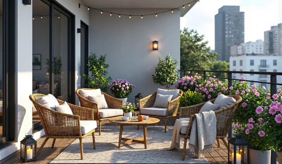 Rattanowy zestaw mebli balkonowych z fotelami i stolikiem kawowym