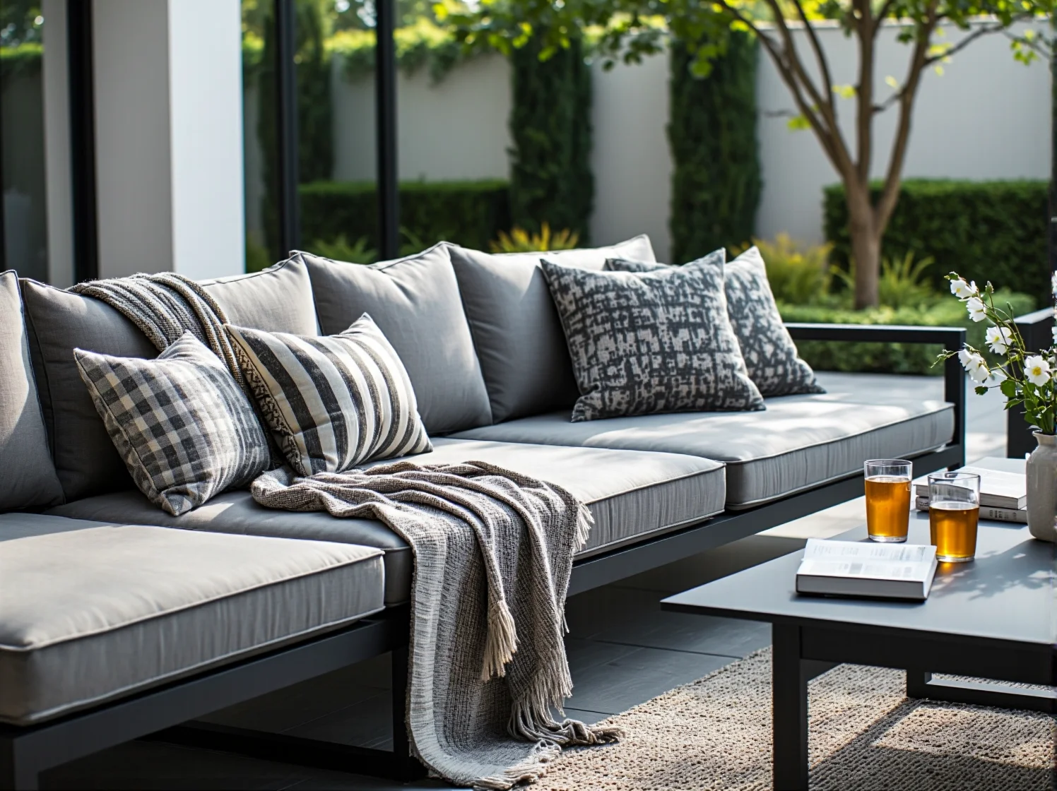 Elegancki zestaw mebli ogrodowych z dużym stołem, idealny na letnie obiady i spotkania w ogrodzie.